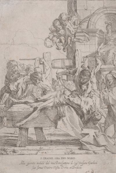 Il martirio di San Erasmo che è prostrato mentre gli vengono estratte le viscere, due putti a..., ca. 1630 da Pietro Testa