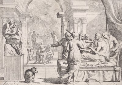 Il figliol prodigo seduto su un divano servito con vino, festaioli sullo sfondo da Pietro Testa