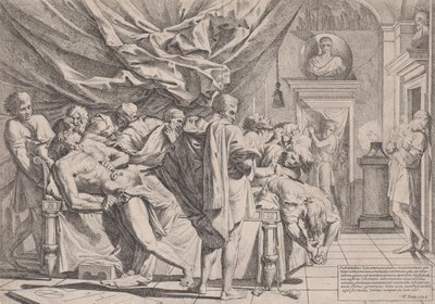 Il suicidio del filosofo Catone, che giace sul suo letto tirando fuori le sue viscere osservato da..., 1648 da Pietro Testa