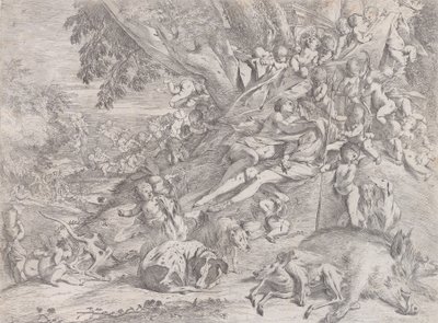 Venere e Adone, circondati da molti putti, reclinati dopo la caccia, con un cinghiale morto, 1631-37 da Pietro Testa
