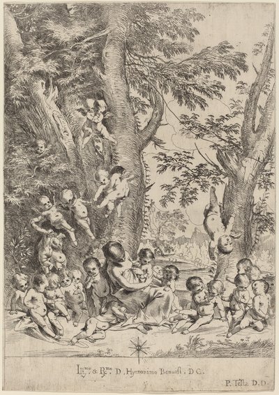 Giovane donna, circondata da Cupidi (Il giardino della carità, versione verticale) da Pietro Testa