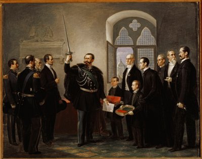 Vittorio Emanuele II di Savoia a Pistoia, brandendo la spada del condottiero ghibellino Castracani da Pietro Ulivi