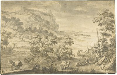 Scena costiera italianeggiante con pescatori, accampamento (recto); Estuario del fiume (verso) da Pietro da Cortona