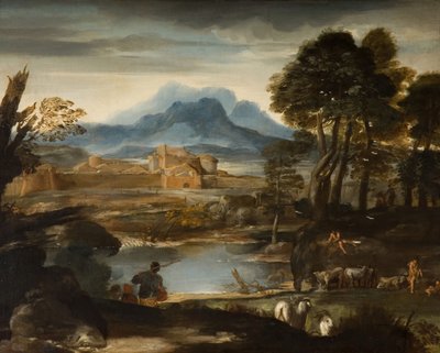 Paesaggio con un lago e una città murata da Pietro da Cortona