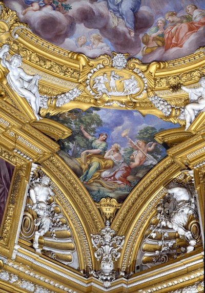 Sala di Apollo, dettaglio del pennacchio raffigurante le muse Polimnia ed Erato (dettaglio) da Pietro da Cortona
