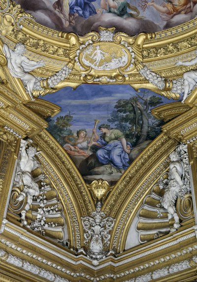 Sala di Apollo, dettaglio del pennacchio raffigurante le muse Talia e Clio (dettaglio) da Pietro da Cortona