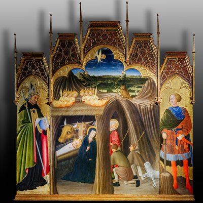 Adorazione dei pastori tra i santi Galgano e Agostino, prima metà del XV secolo da Pietro di Giovanni da Ambrogio