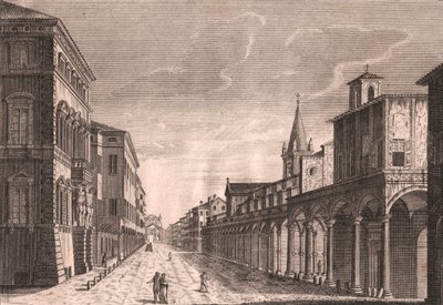 Vista della Strada Maggiore a Bologna, Emilia-Romagna, Italia, incisione su rame di C Lambertini dopo un disegno di Pio Panfili da Pio Panfili