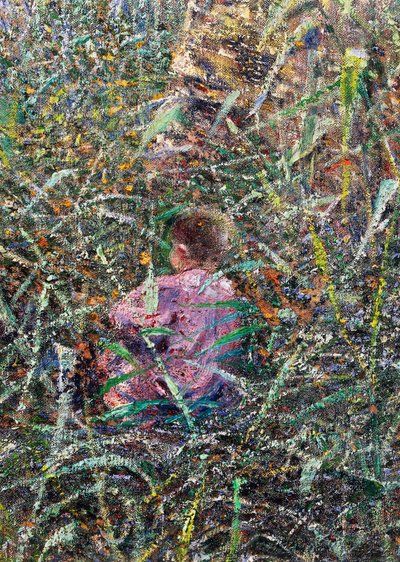 Bambino nel prato, dettaglio da Mattina di aprile in Liguria o Ulivi ad Albaro da Plinio Nomellini