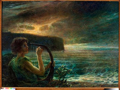 Luna piena, omaggio a una divinità femminile, che suona la lira in un paesaggio marino con cielo tempestoso da Plinio Nomellini