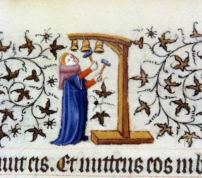 Un monaco che suona le campane. Miniatura fiamminga di Pol De Limburg (XV secolo) dal manoscritto 