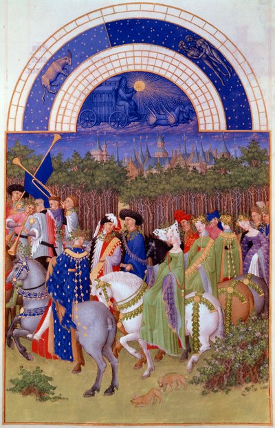 Corteo di nobili e musicisti a cavallo, vista del Palazzo Ducale di Riom (?) e il mese di maggio da Pol de Limbourg
