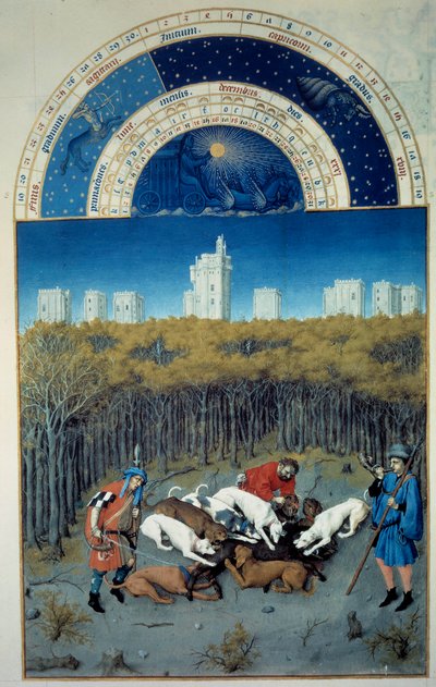 Dicembre: scena di caccia. Sullo sfondo veduta di Vincennes da Pol de Limbourg