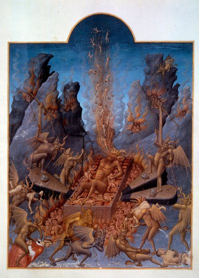 Inferno. I diavoli azionano i mantici per alimentare il fuoco, bruciando i dannati e facendoli soffrire vari tormenti. Miniatura in "Le Très Riches Heures du Duc de Berry" da Pol de Limbourg