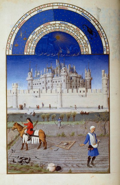 Ottobre: semina. Sullo sfondo il Louvre Miniatura fiamminga di Pol de Limburg da "Il libro dei buoni Mori" di Jacques il Grande (1360-1415/1418), dedicato a Giovanni Duca di Berry da Pol de Limbourg