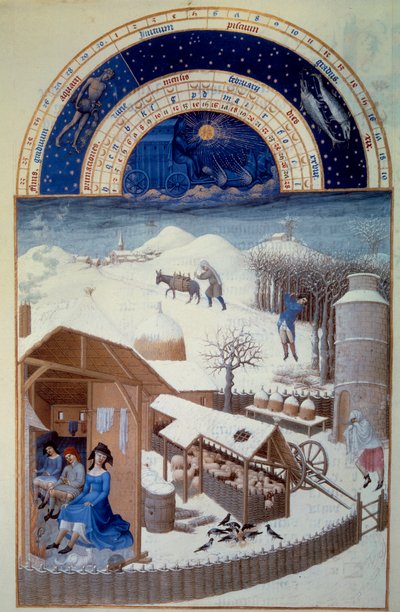 Il mese di febbraio: neve. In primo piano, una fattoria con un ovile, lavori agricoli, abbattimento di alberi - Miniatura in 