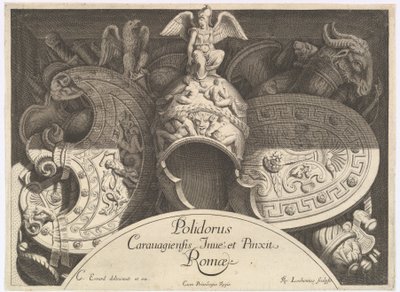 Divers Trophées, Trofei di armi dopo la facciata di Palazzo Milesi a Roma, 1651 da Polidoro da Caravaggio