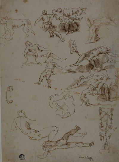 Schizzi di nudi maschili, animali e dettagli ornamentali da Polidoro da Caravaggio