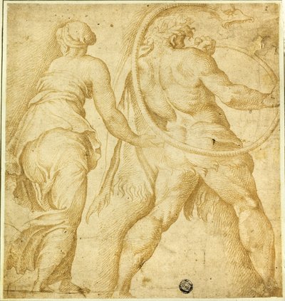 Donna che gira a sinistra; nudo maschile che suona la tromba da Polidoro da Caravaggio