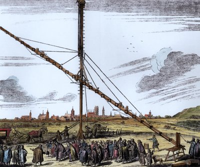 Il Grande Telescopio Astronomico di Johannes Hevelius (1611-1687) illustrazione da Machina Coelestis di Hevelius, Danzica, pubblicata 1670 (colorazione successiva) da Polish School