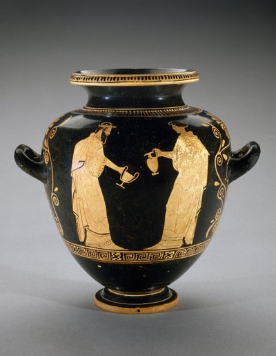 Stamnos a figure rosse con scena di Dioniso con ancella, 440-420 a.C. da Polygnotos Polygnotos