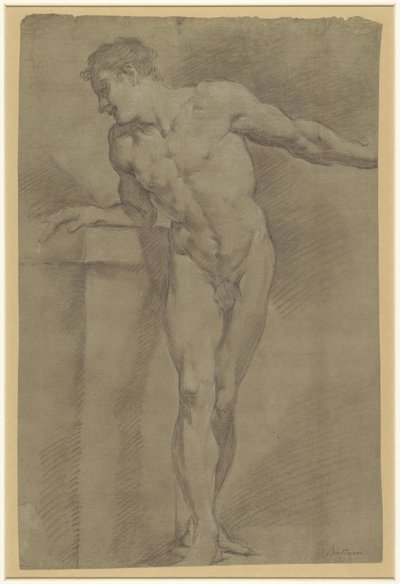 Studio di un modello maschile in piedi, appoggiato a un parapetto da Pompeo Batoni