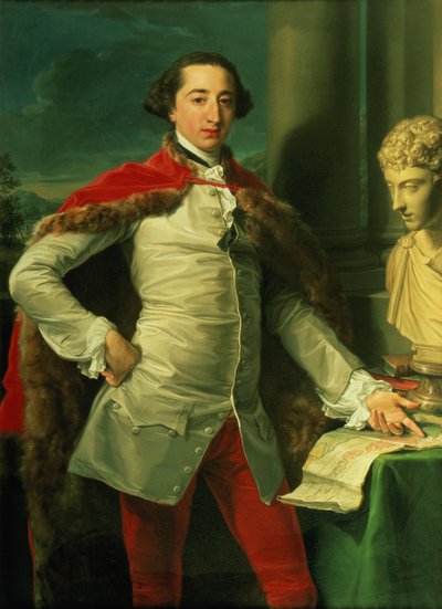 Ritratto di un Gentiluomo, in piedi a tre quarti di lunghezza, con un gilet bianco, un mantello foderato di pelliccia rossa e pantaloni rossi, che indica una mappa su un tavolo, con un busto di Antonino accanto a lui da Pompeo Girolamo Batoni