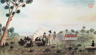 Mr White, Harris e Laing con un gruppo di soldati che visitano Botany Bay Colebee in quel luogo quando ferito vicino a Botany Bay, c.1790 da Port Jackson Painter