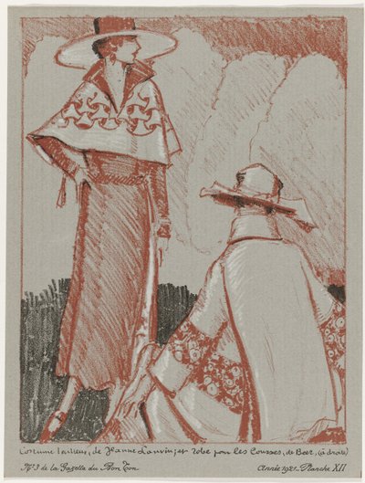 Gazette du Bon Ton, 1921 - No. 3, Pl. XII: Costume tailleur, di Jeanne Lanvin; e abito per le corse, di Beer da Porter Woodruff