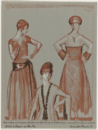 Gazette du Bon Ton, 1921 - No. 3, Pl. X: Abito pomeridiano e costume tailleur, di Paul Poiret, e abito pomeridiano, di Jeanne Lanvin da Porter Woodruff