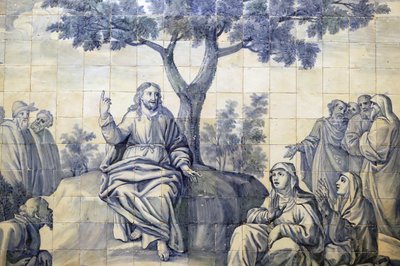Chiesa della Misericordia. Azulejos. Il sermone della montagna. Gesù. Evora. Portogallo. da Portuguese School