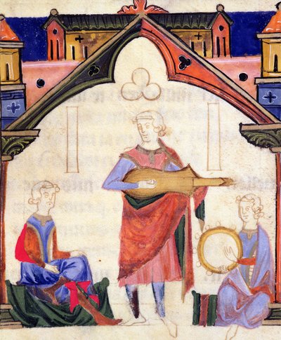 Musicisti che suonano la chitarra e il tamburello, dal Chansonnier des Nobles da Portuguese School
