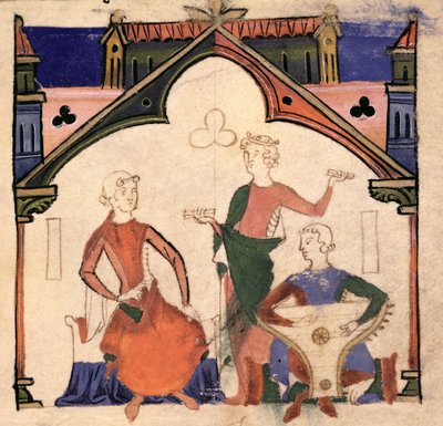 Fol.4r Musicisti che suonano nacchere e salterio, dal Chansonnier des Nobles da Portuguese School