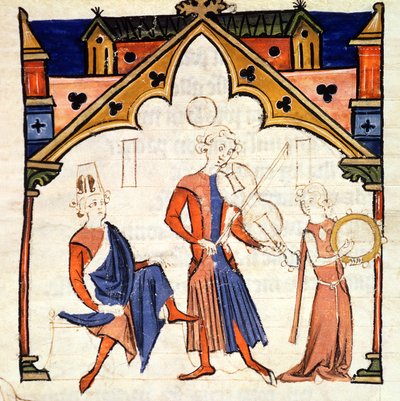 Fol.6r Musicisti che suonano una viola e un tamburello, dal Chansonnier des Nobles da Portuguese School