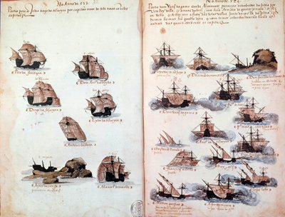 Pagina di manoscritto "Memoriali delle armate del Portogallo sotto il re Manuele I (1469-1521)" rappresentante le flotte portoghesi da Portuguese School
