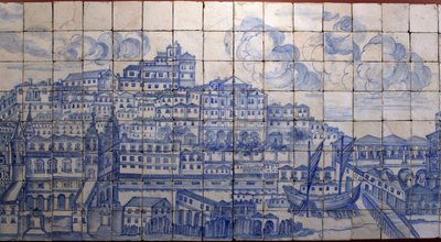 Veduta panoramica di Lisbona, prima del terremoto del 1755 - Azulejos inizio XVIII secolo, pannello di avvertimento dell