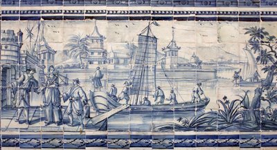 Scena sulle rive di un fiume in Asia - Azulejos, maiolica dipinta da Portuguese School