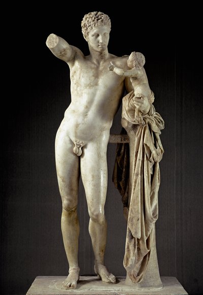 Arte greca: Hermes e Dioniso bambino - Scultura in marmo di Prassitele (IV secolo a.C.) dal tempio di Hera a Olimpia, 330 a.C., Dim. 213 cm - Olimpia, museo archeologico da Praxiteles