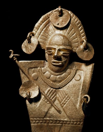 Arte precolombiana, civiltà Muisca: statuetta di donna (Tunjo) in costume cerimoniale d