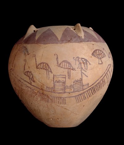 Vaso di argilla cotta con decorazione dipinta, inclusi barche e animali, c.3400-3300 a.C. da Predynastic Period Egyptian
