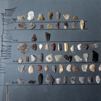 Preistoria, cultura di Pontiniano: pietre e selce dalla Grotta di Moscerini, Lazio. Età della pietra. Paleolitico superiore da Prehistoric Prehistoric