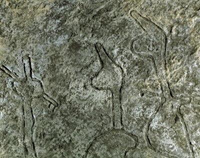 Preistoria, arte rupestre: petroglifo (graffito su pietra) di una scena di caccia. Neolitico, età della pietra. Età del bronzo. Baku, Museo Statale di Storia delle Religioni dell