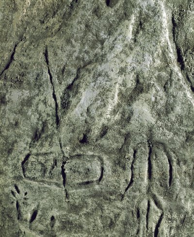 Preistoria, arte rupestre: petroglifo (graffito su pietra) di una rappresentazione di una barca e una figura umana. Neolitico, Età della Pietra. (Azerbaigian) Età del Bronzo. Baku, Museo Statale di Storia delle Religioni dell
