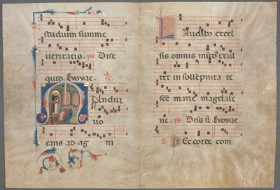 Bifolio da un antifonario: Iniziale M con San Domenico che predica da Primo Miniatore di San Domenico