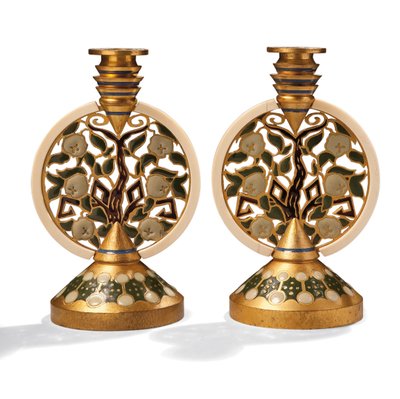 Un paio di candelabri in bronzo dorato, smalto e avorio, c.1907 da Princess Maria Tenisheva