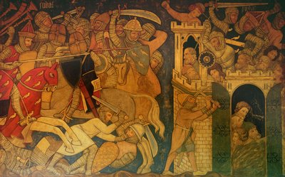 Battaglia tra Giuda Maccabeo e Timoteo, e la Caduta di Maspha, ricostruzione di un dipinto murale originariamente nella Camera Dipinta del Palazzo di Westminster da Professor Ernest Tristram