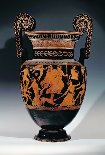 Voluta-cratere attico a figure rosse, decorato con una scena di attori e musicisti che si preparano per una performance, greco, da Ruvo, V secolo a.C. da Pronomos Painter