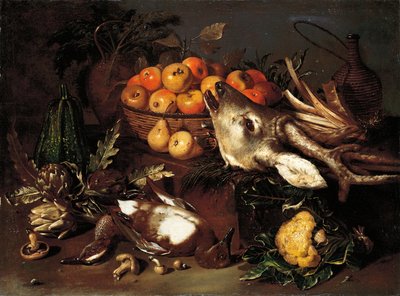 Funghi, carciofi, un cesto di mele e un cavolo con selvaggina morta su un ripiano da Pseudo Salini