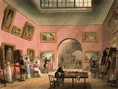 Studenti che imparano a dipingere e fanno copie di quadri alla British Institution, Pall Mall, da Ackermann