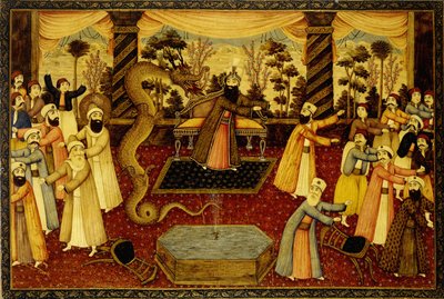 E gettò giù il suo bastone, e si trasformò in un serpente, e Mosè fuggì da esso, c. 1860-70 da Qajar School
